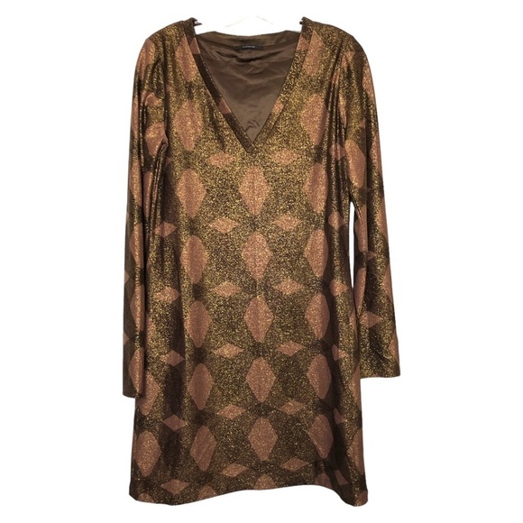 Elie TAHARI - Bronze Metallic Long Sleeve V-Neck Geometric Shift Dress - Size S - Picture 1 of 3